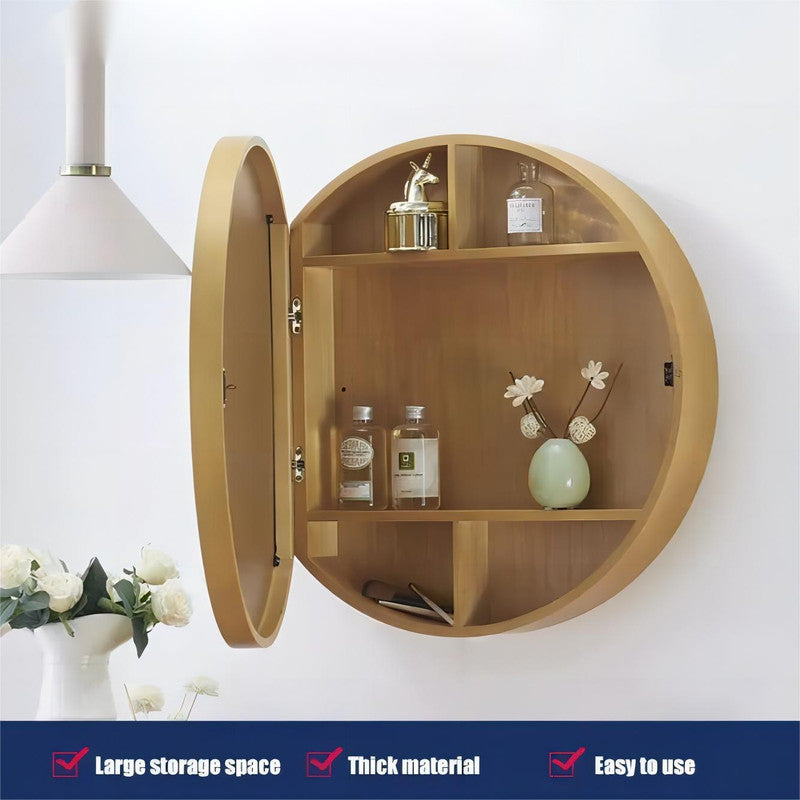 Round Bathroom Mirror Cabinet  Light Solid Wood Intelligent Mirror Box