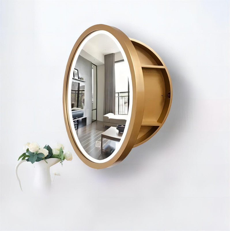 Round Bathroom Mirror Cabinet  Light Solid Wood Intelligent Mirror Box