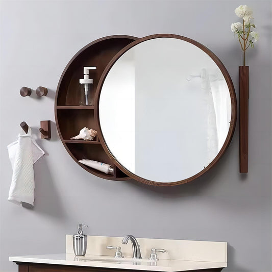 Push Pull Bathroom Mirror Cabinet  Lights Solid Wood Frame Smart Anti-fog Storage Wall Decor Hanging Round Closets Mirror