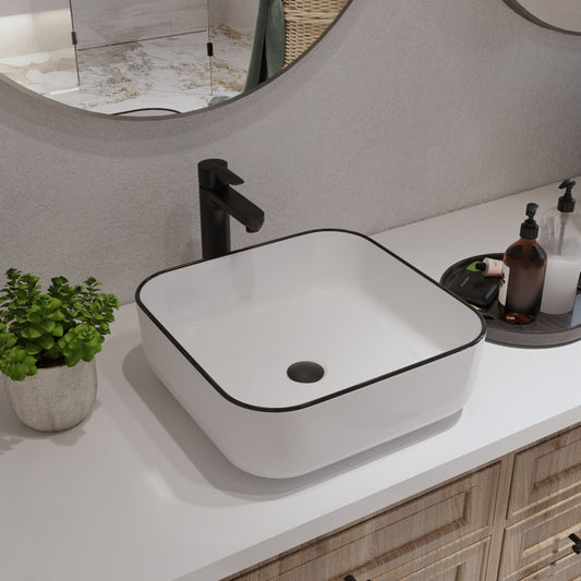 15'' White/Black Square Ceramic Vessel Bathroom Sink