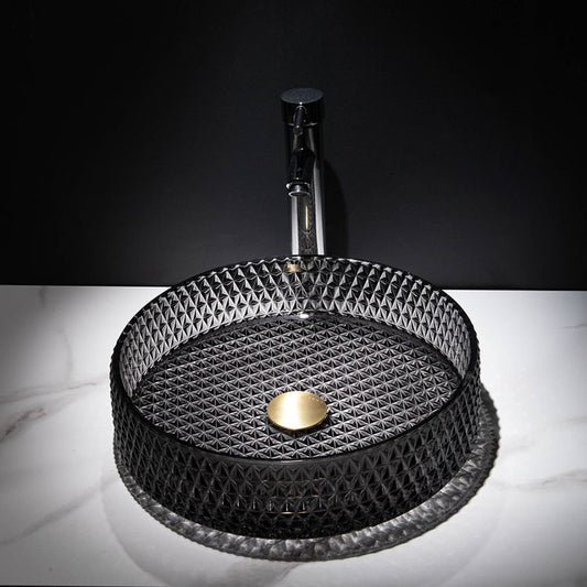 19.89'' Black Glass Circular Vessel Bathroom Sink with Overflow