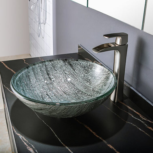 16.5'' Black Tempered Glass Circular Vessel Bathroom Sink